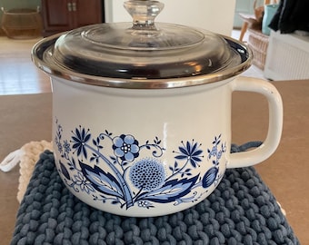 Vintage Blue and White Enamel Pot Blue Onion Pattern with Pyrex Glass Lid and one handle 6.5 inches in diameter.