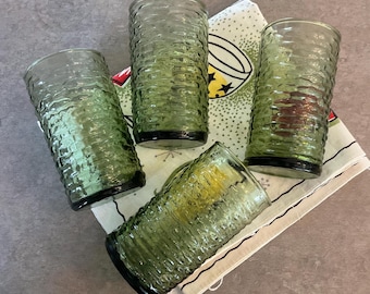 Anchor Hocking Soreno Avocado Green juice glass set of 4/pressed glass 4 inches in height
