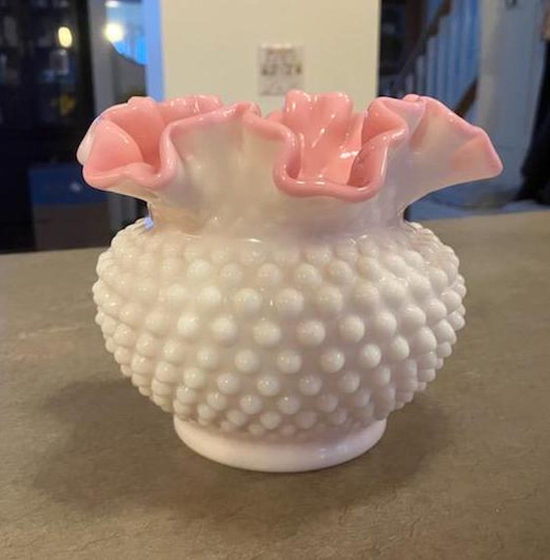 Fenton Hobnail Pink and White Glass Vase With Ruffled Pink Edges/5 ...