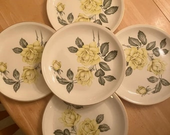 The Paden City Pottery Set of 5 plates with 4 tea cups L-52 Yellow Roses with gold trim