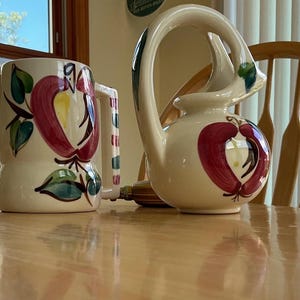 Puritan Pottery Pitcher/creamer and ceramic mug hand painted apple and leaf design Apple Slip Ware/retro kitchen decor