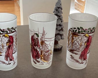 Hazel Atlas Charles Dickens Scrooge and Fagin Frosted glasses/10 fluid ounces Set of 3