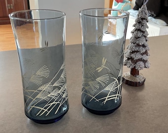 Libbey Dragonfly and Wheat pattern Smokey blue and gold colored glasses 6.5 inches in height. set of 2
