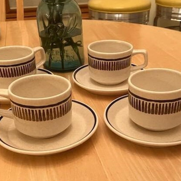 Set of 4 Temper-ware by Lenox cups and saucers/Percussion pattern