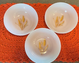 Fire King Ovenware made in the USA berry/sauce/dessert bowls 4.5 inches in diameter set of 3/ Milk Glass with wheat motif