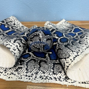 Peut inclure: Une balle de baseball avec un motif de peau de serpent bleu, noir et blanc repose sur un matériau de peau de serpent assorti. La peau de serpent a un motif bleu, noir et blanc. L'arrière-plan est un mur bleu clair et une surface en bois.