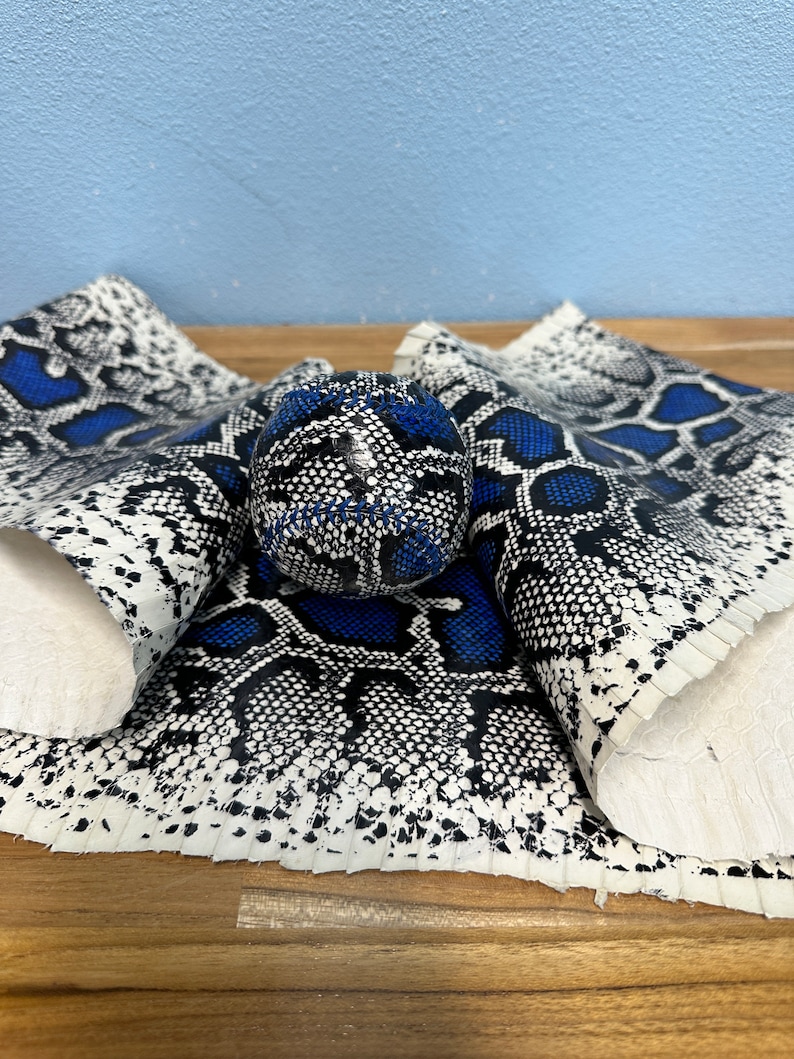 以下が含まれることがあります： 青、黒、白のヘビ革模様の野球ボールが、お揃いのヘビ革素材の上に置かれています。ヘビ革は青、黒、白の模様です。背景は水色の壁と木製の表面です。