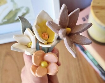 Handmade Ceramic Flower, Individual Pottery Stem, Everlasting Bloom, Unique Gift for Her, Cat Bud Vase Filler, Artisan Decorative Clay