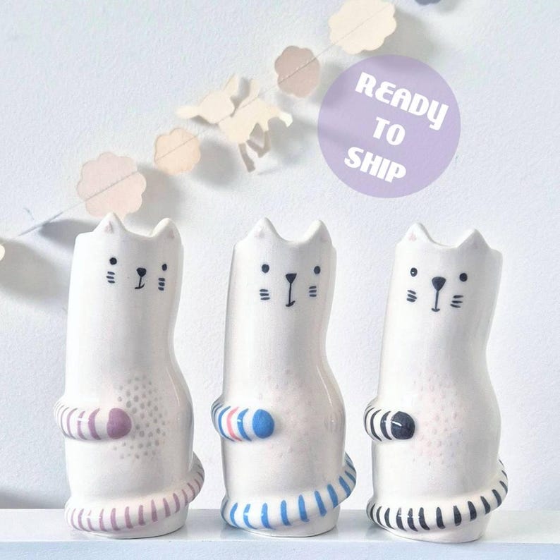 Cat Ceramic Bud Vase, Small Animal Flower Holder, Unique Whimsical Pottery Decor, Minimalist Clay Pot, Kitten Lover Gift image 1