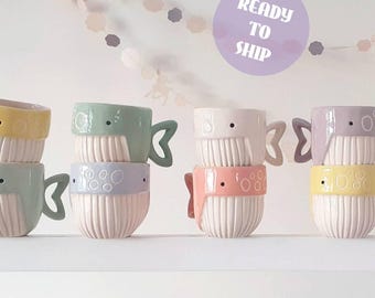Ceramic Whale Mug, Small Latte Coffee Cup, Unique Ocean Lover Gift, Whimsical Tail Handle Pottery, Artisan Coastal Decor 240ml