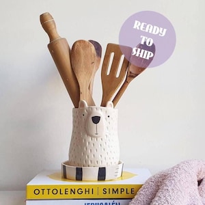 Ceramic Bear Utensil Holder, Large Animal Kitchen Crock, Whimsical Pottery Decor, Handmade Utensil Jar, Cottagecore Bear Lover Gift