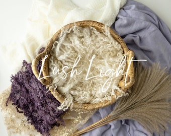 May include: A wicker basket filled with white fluffy material, surrounded by purple, white, and gold fabric. The text "Lush Light Designs" is written in white cursive on the basket.