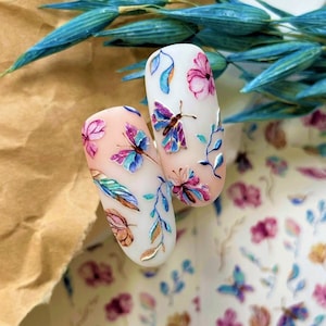 Nail Decal 2D/Floral/Plants/ Foliage/Butterflies/ Purple/ Blue/Nail waterslide decals/Xoxo/Nail art / stickers / nail salon/ decals/ fashion