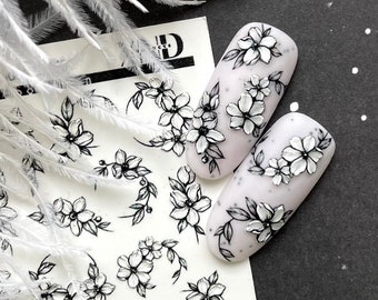 3D Nail Decal / Flowers / Floral/ Waterslide /White & Black/ Decals / Nail Waterslide Decals / Nail Art / Stickers / Nail Salon