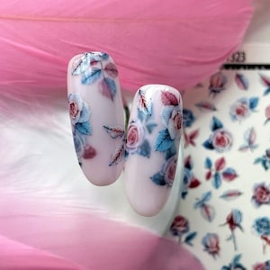 Nail Decal 2D/ Floral & Plants/Roses/Blue/ Pink/ Nail waterslide decals / Nail art / stickers / nail salon/ decals/ fashion