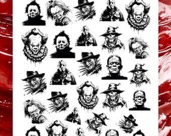 Pode incluir: Uma folha de adesivos em preto e branco com vários personagens de filmes de terror. A folha inclui imagens de Pennywise, Michael Myers, Freddy Krueger e outras figuras de terror icônicas. O texto "XND PRODUCTS" e "BLK-24 xndpro.com" são visíveis.