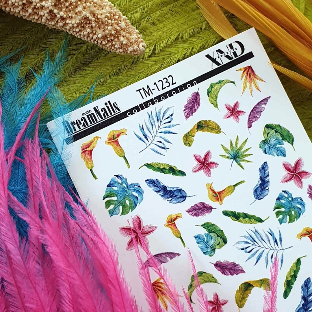 Nail Decal 2D/ Floral & Plants/ Summer/ Tropical/ Multicolor/ Feathers ...