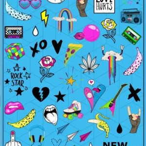 Nail Decal Pop Art/ Rock-Inspired Nail Stickers/ Bright Retro/  Emo Nail Art / Sheet Nail art / Stickers / Nail salon/ Decals