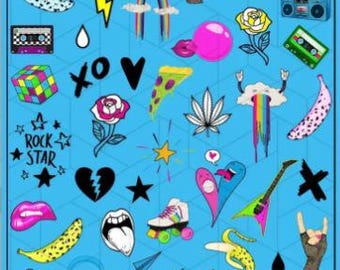 Nail Decal Pop Art/ Rock-Inspired Nail Stickers/ Bright Retro/  Emo Nail Art / Sheet Nail art / Stickers / Nail salon/ Decals