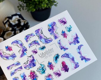 Nail Water Decal Gold FOIL/ Smoke Design/Marble Effect /Swirls Ripples/ Purple & Blue/ Waterslide / Nail Waterslide Decals/ Nail Art/