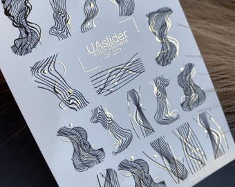 Gouden folie abstracte lijntekening nagelstickers, luxe wervelingen