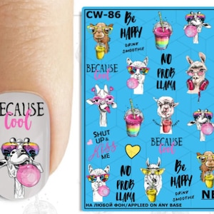 Nail Decals 2D, Nail Art/ Pop Art Nails/ Be Happy/ Kiss me/ Llama/ Cool/ Nail Water Decals/Nail Stickers/ Water Nail Decals