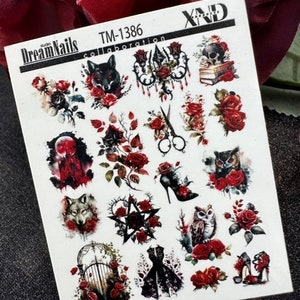 Nail Decal 2D/ Gothic Nails / Dark / Halloween / Witchcraft / Roses / Wolf / Water Decals / Nail Waterslide Decals / Nail Art/ Nail Stickers