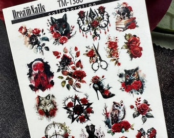 Nail Decal 2D/ Gothic Nails / Dark / Halloween / Witchcraft / Roses / Wolf / Water Decals / Nail Waterslide Decals / Nail Art/ Nail Stickers