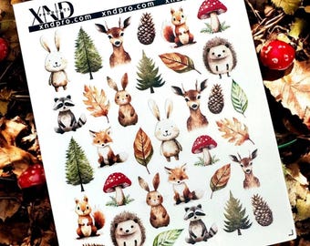 Nail Decal 2D /Woodland Animals /Forest / Cozy autumn/ Deer/ Fox/ Rabbit/ Raccoon/ Leaves/  Water Decals/Water Stickers/ Nail Art/Nail Salon