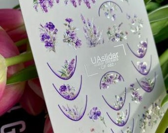 Calcomanía de agua para uñas: glicina primaveral, punta francesa floral, uñas Bridgerton, flores moradas, pegatinas de agua para uñas, tatuajes de uñas. Toboganes de agua.