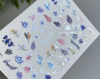 Nail Water Decal Silver Foil / Foliage/ Leaves/ Pastel Leaves/ Florals & Berries/ Spring Nail Waterslides/ Water Nail Decals
