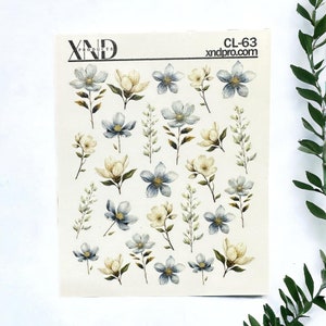 Nail Decal 2D/ Flowers/ Spring Nails/ Blue Flowers / Leaves/ Floral Nails/ Waterslide decals / Nail Art / Water Nail Decals/ Water Nail
