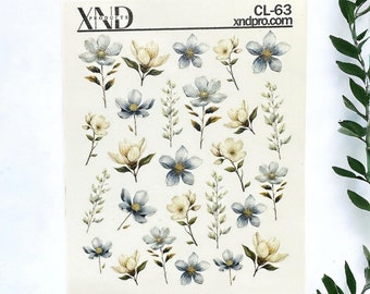 Calcomanía de uñas 2D/Flores/Uñas de primavera/Flores azules/Hojas/Uñas florales/Calcomanías al agua/Arte de uñas/Calcomanías al agua para uñas/Uñas al agua