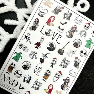 May include: A sheet of nail art stickers featuring characters from the film The Nightmare Before Christmas. The stickers include Jack Skellington, Sally, Oogie Boogie, and other characters. The stickers are printed in full colour and are perfect for adding a spooky touch to your nails.
