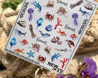 Nail Decal 2D /Sea Animals/ Beach Nails/ Summer Nails/ Turtle/ Shark/ Octopus/ Nail waterslide decals / Nail art / Stickers /Decals