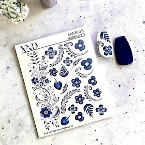 Nail Decal 2D / Ceramic blue delft/ Vintage Delft Flowers/ Talavera Blue flowers/Ceramic Nail Designs/ Nail Art/ Nail Waterslide Decals