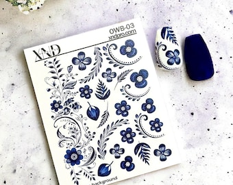 Nail Decal 2D / Ceramic blue delft/ Vintage Delft Flowers/ Talavera Blue flowers/Ceramic Nail Designs/ Nail Art/ Nail Waterslide Decals