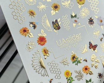 Spring Gold Foil Nail Water Decals | Sunflower, Bees, Honeycomb, Butterfly Nail Art Water Stickers | Waterslide Nail Tattoos