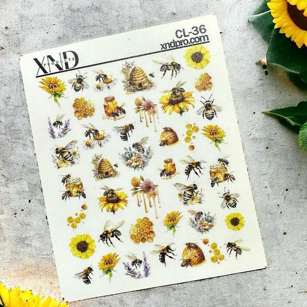 Décalcomanies pour ongles 2D/décalcomanies à ongles abeille / Art pour ongles en nid d'abeille / Stickers eau de source / toboggan à ongles / Art pour ongles de printemps / ongles / printemps