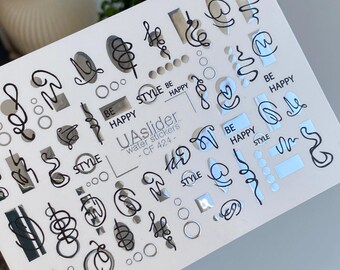 Nagelstickers van folie / Abstract / Krabbellijnkunst / Zilveren accenten / Moderne luxe / Nagelkunst / Waternagelstickers / Waterstickers