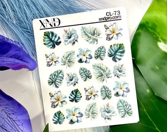 Calcomanía para uñas 2D/ Tropical/ Uñas de vacaciones/ Azul/ Hojas tropicales/ Flores/ Uñas de playa/ Calcomanías para uñas/ Pegatinas para uñas/ Calcomanías al agua para uñas