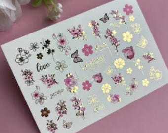 Nagelstickers met watereffect in goudfolie / Sakura nagels / Japans / Kersenbloesem / Vlinder / Romantische nagels / Waternagelstickers / Waterstickers