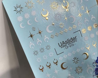 Himmlische Nagel-Wasseraufkleber, Goldene Monde, Sterne, Sonnen | Wasserschiebe-Nagelkunst-Transferaufkleber, Nagel-Wassertransfers, Nagel-Wasseraufkleber.