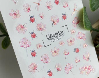 Spring Nail Decals with Ladybug & Flowers | Gold Foil Waterslide Nail Stickers | Cute Floral Nail Tattoos | Water Transfer Nail Art