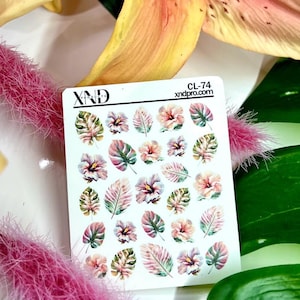 Nail Decal 2D/ Summer/ Tropical/ Vacation Nails/Pink/ Tropical Flowers/ Leaves/ Summer Nails/ Nail Decals/ Nail Art/ Nail Water Decals