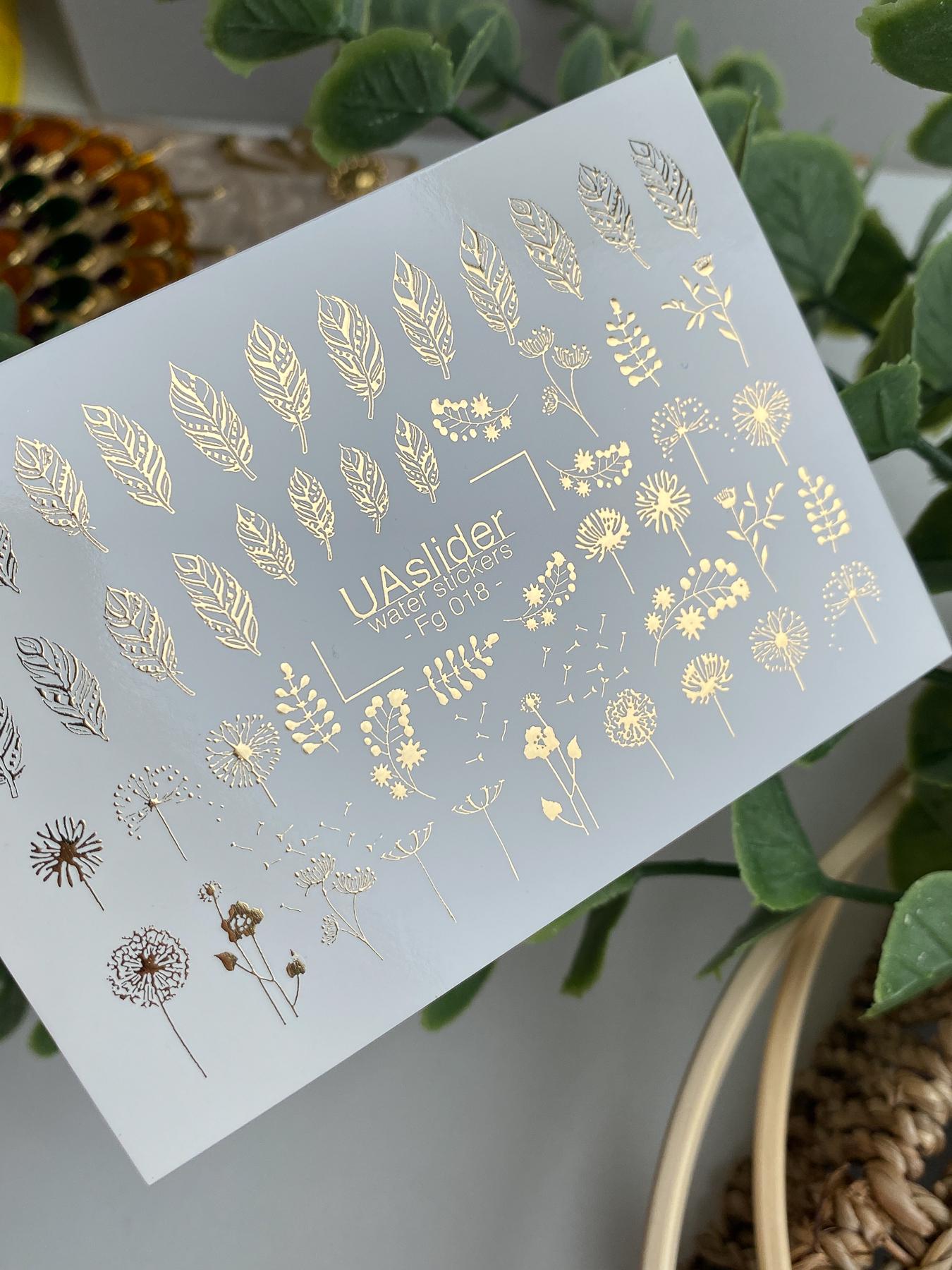 Gold Foil Nail Water Decals | Spring Floral, Dandelion, Leaves Nail Art Stickers | Waterslide Nail Tattoos