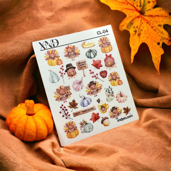 Nail Decal 2D / Thanksgiving Nail / Cute Turkey/ Autumn / pumpkin / nail stickers/ Nail Waterslide Decals / Stickers / Decals /