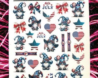 Decalcomanie per unghie / Gnomi patriottici / 4 luglio / Memorial Day / USA / Decalcomanie per unghie ad acqua / Nail art / Adesivi per unghie