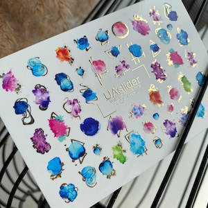 Nail Water Decal Gold FOIL/Watercolor Splash/Water Nail Decals/Waterslide / Nail Waterslide Decals/ Nail Art/