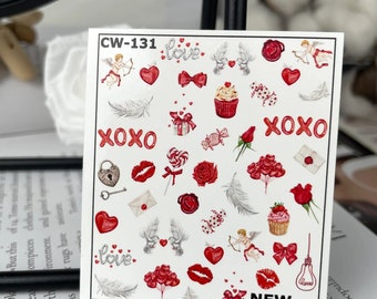 Valentine's Day Nail Decals, Hearts, Lips, XOXO